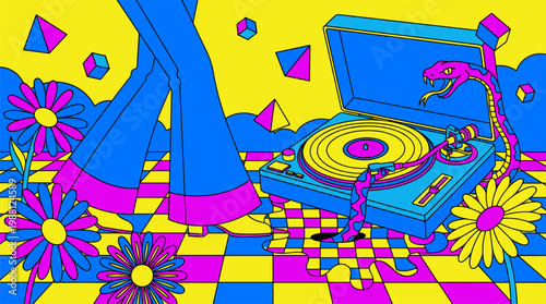 Retro Turntable Melting Into Checkerboard Floor Pop Surrealism Flat Illustration With Bold Outlines