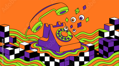 Melting Vintage Rotary Telephone Floating over Checkerboard Landscape, Pop Surrealism Flat Illustration with Bold Outlines and Retro Shapes
