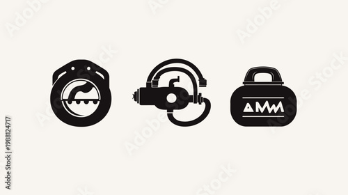 Three stylized black silhouettes on a neutral background, each depicting a different functional object