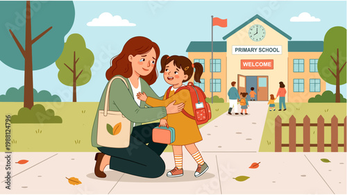 Mother and Daughter Emotional First Day at Primary School Flat Vector Illustration