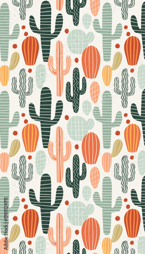 Cactus pattern, various shapes, muted desert tones, flat illustration style.svg