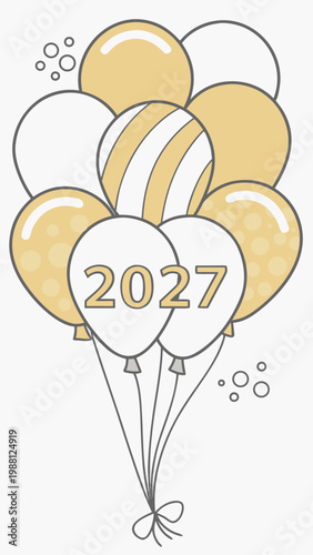 A digital drawing of six balloons in shades of gold and white, with 2027 written on two of them, floating against a white background.svg