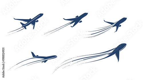 Stylized collection of dark blue airplane silhouettes against a bright white background, illustrating flight