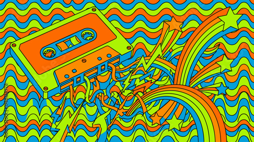 Retro Cassette Tape with Unraveling Rainbow Ribbons Pop Surrealism Flat Illustration with Bold Outlines
