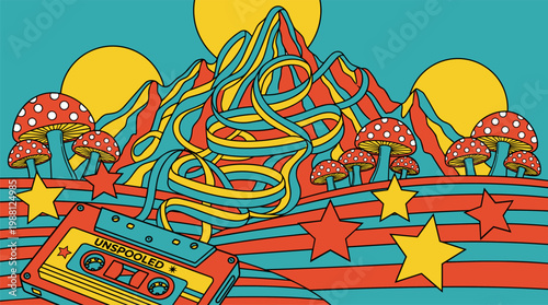 Vintage Cassette Tape with Unspooled Tape Mountain and Polka Dot Mushrooms Pop Surrealism Flat Illustration with Bold Outlines