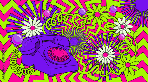 Retro Rotary Telephone with Floral Vine and Geometric Spheres Pop Surrealism Flat Illustration with Bold Outlines