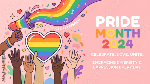 Pride Month 2026 celebration illustration with rainbow heart diverse hands voice expression unity love equality concept for social media banner campaign design