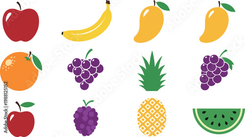 Colorful flat fruit icon set with apple banana mango orange grape pineapple and watermelon for healthy food design
