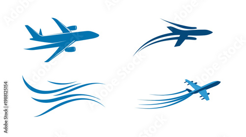 Four stylized blue airplane icons, varying designs on white background, conveying flight and travel