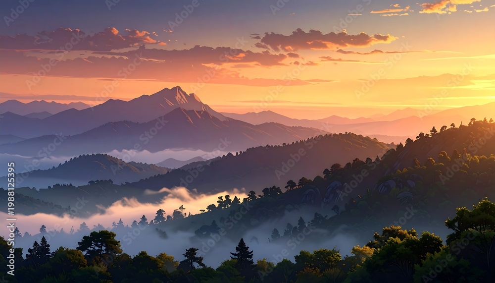 Obraz premium A serene mountain landscape at sunset with misty valleys and trees