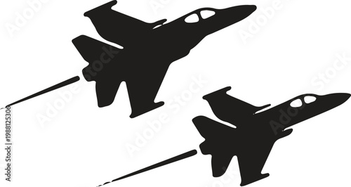 Two fighter jets flying with smoke trails vector silhouette.