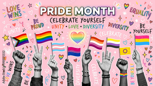 Pride Month celebration illustration with diverse hands holding rainbow flags unity love equality message and colorful creative background for social campaign