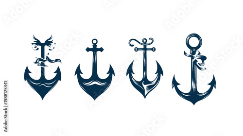 Four stylized dark blue anchor illustrations of different designs, all set against a white background