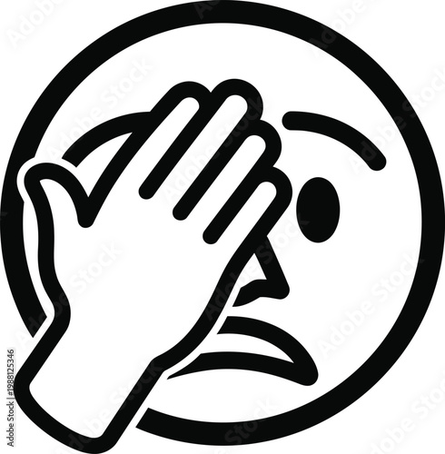 Black and white line art depicting a face covered by hands expressing shock fear or disbelief