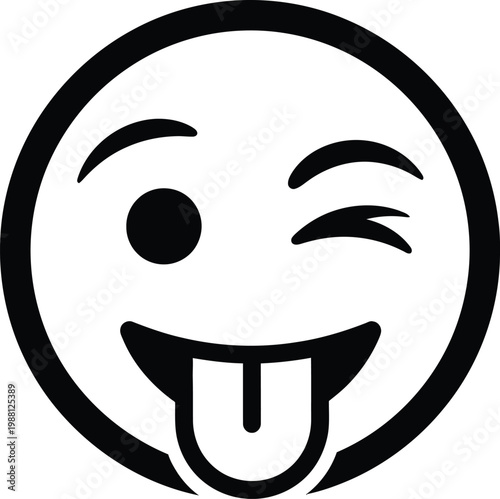 A playful black and white illustration of a winking smiley face sticking its tongue out conveying humor and lightheartedness
