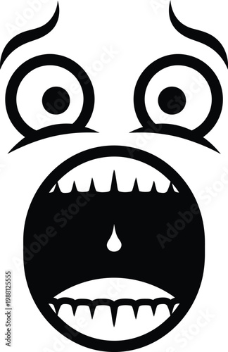 A stark black and white illustration of a surprised or frightened face with an open mouth and wide eyes