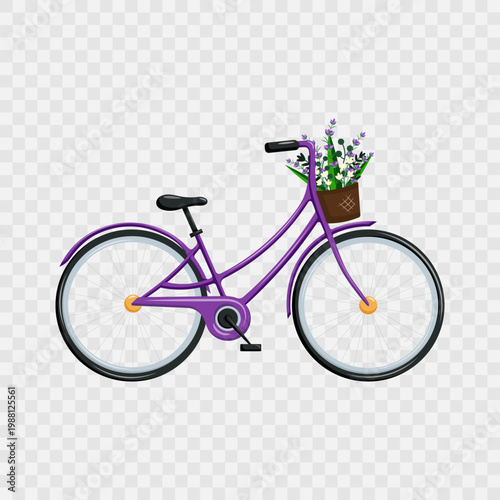 Cute flat vector illustration of purple bicycle with a busket full of flowers isolated on transparent background. Vintage bike with  busket. Flat design. Europe travel design. Healthy activity. 