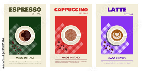 Coffee designed poster set with cups of coffee, napkin  and coffee grains. Modern background templates with coffee. Designs for flyers, posters, packaging, banners, menu, decorations. Vector 