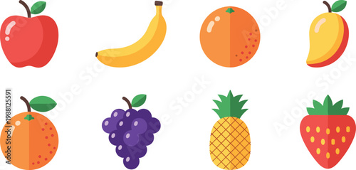 Colorful flat fruit icon set with apple banana orange mango grape pineapple and strawberry for healthy food design
