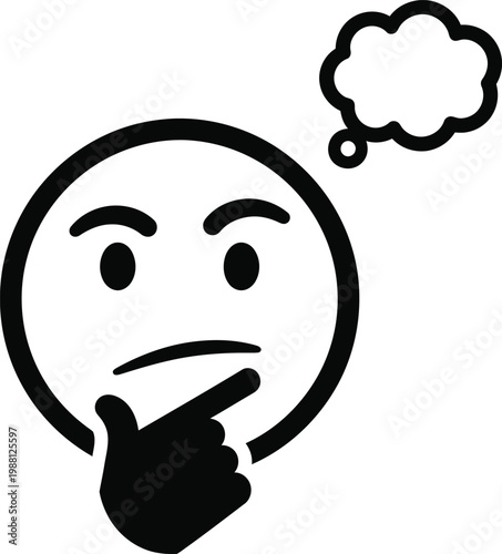 A black and white illustration of a thinking face emoji with a hand on chin conveying contemplation and deep thought