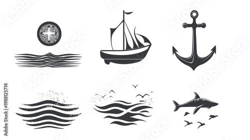 Collection of nautical-themed illustrations, including waves, a sailboat, and a shark, with an anchor