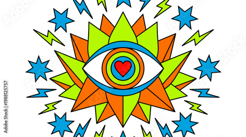 Stylized Human Eye Inside Blooming Lotus Flower with Stars Pop Surrealism Flat Illustration with Bold Outlines