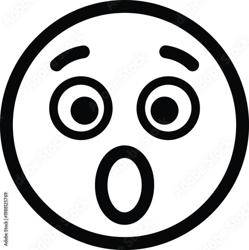 A simple black and white line drawing of a surprised or shocked face emoji expressing strong emotion