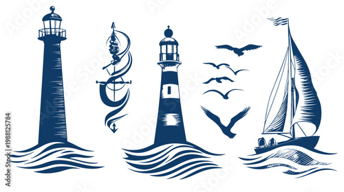 Stylized maritime illustration with lighthouses, anchor, birds, and sailboat, evoking the sea