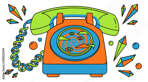 Vintage Rotary Telephone with Eye Portal and DNA Cord Pop Surrealism Flat Illustration with Bold Outlines