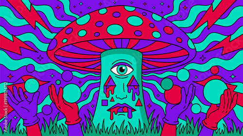 Surreal Melting Mushroom Creature with Geometric Features Pop Surrealism Flat Illustration Graphic