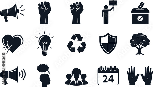 Group of diverse protest and social justice icons on transparent background.