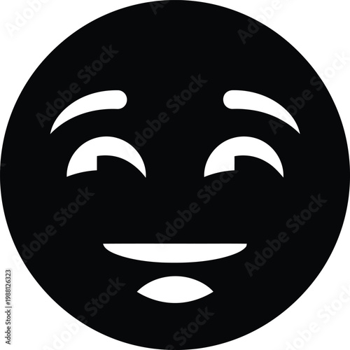 A minimalist black and white illustration of a smiling face with closed eyes conveying joy and contentment