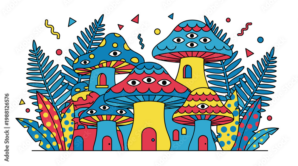 Obraz premium Multi Eyed Mushroom Houses Among Polka Dot Ferns Pop Surrealism Flat Illustration With Bold Outlines