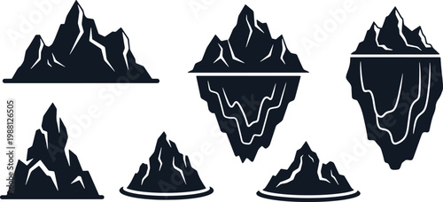 Collection of dark mountain and iceberg silhouettes isolated on transparent background.