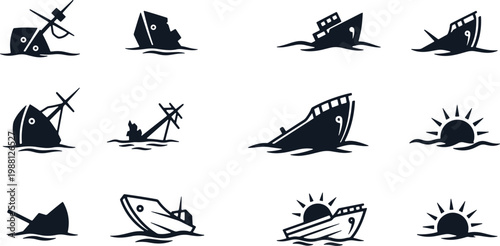 Variety of dark sinking ship silhouettes and sunset icons on transparent background.