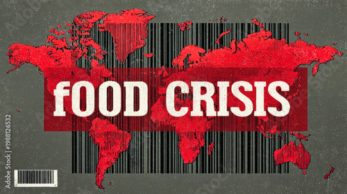 Red and black world map shows emphasis on food crisis with large text. The design features flat colors and a barcode background, conveying urgency in global food issues