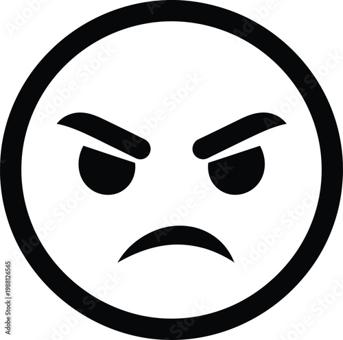 Black and white circular emoji depicting an angry face with furrowed brows and a downturned mouth