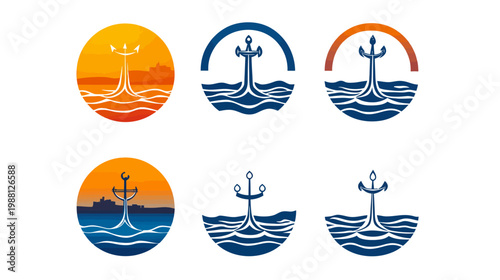 Collection of stylized anchor designs, set against circular backdrops depicting water, sun, and land