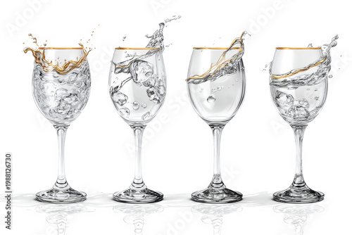Four glasses are on a table with water splashing in each one. The glasses are clear and have gold rims. The setting has bright lighting in the afternoon