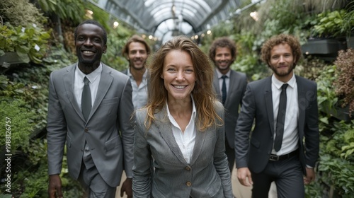 Wallpaper Mural Confident diverse business team walking through a greenhouse corridor promoting green workplace and sustainable corporate leadership Torontodigital.ca