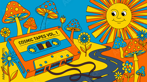 Giant Cassette Tape Ribbon Road with Mushrooms and Sun Pop Surrealism Flat Illustration with Bold Outlines