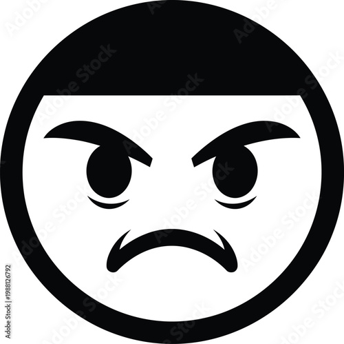 A stark black and white circular icon depicting an angry face with furrowed brows and a downturned mouth