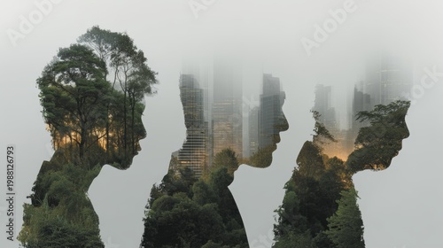 Wallpaper Mural Business and ecology concept with human silhouettes in double exposure blending city skyline and lush forest to symbolize sustainable people and cities Torontodigital.ca