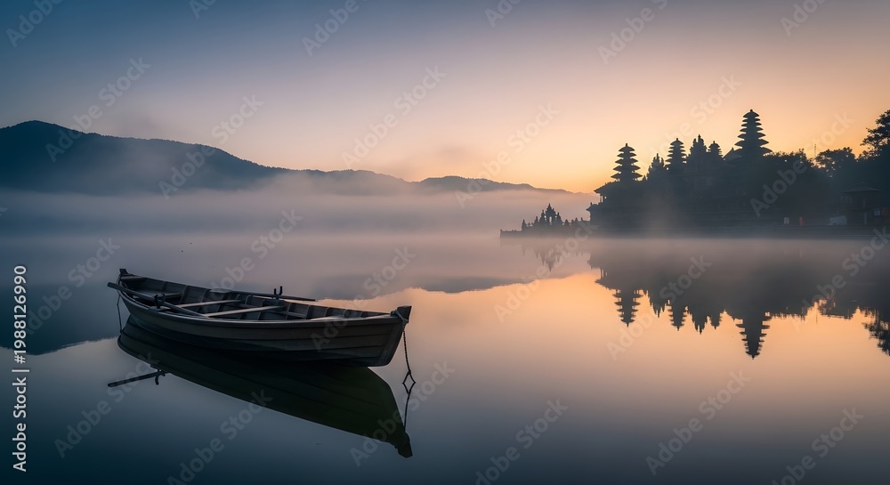 Fototapeta premium Wooden boat on misty lake with Balinese temple at sunrise