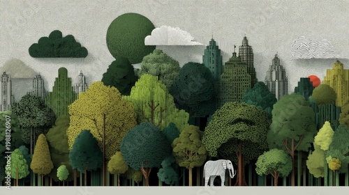 Wallpaper Mural Ecology themed urban forest with city skyline and solitary elephant symbolizing nature conservation and sustainable city green balance Torontodigital.ca