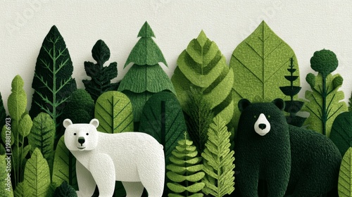 Wallpaper Mural Two stylized bears in a lush green forest of layered foliage ecology themed paper art illustration evoking nature conservation wildlife harmony and textured felt design Torontodigital.ca