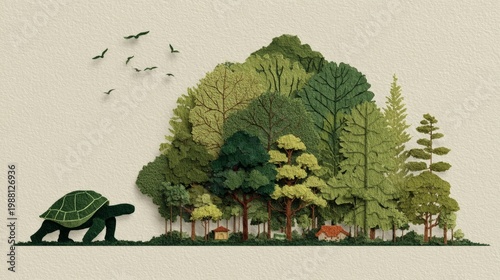Wallpaper Mural Turtle carrying a lush forest collage symbolizing ecology, conservation and harmony between wildlife and nature Torontodigital.ca