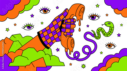 Giant Gloved Hand and Melting Telephone in Geometric Cloudscape Pop Surrealism Flat Illustration with Bold Outlines