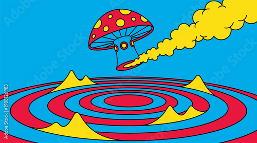 Mushroom Spaceship over Concentric Circle Planet Surface Pop Surrealism Flat Illustration with Bold Outlines