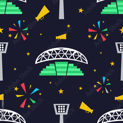 Modern soccer stadium architecture seamless pattern with floodlights and megaphone flat design vector for match day marketing